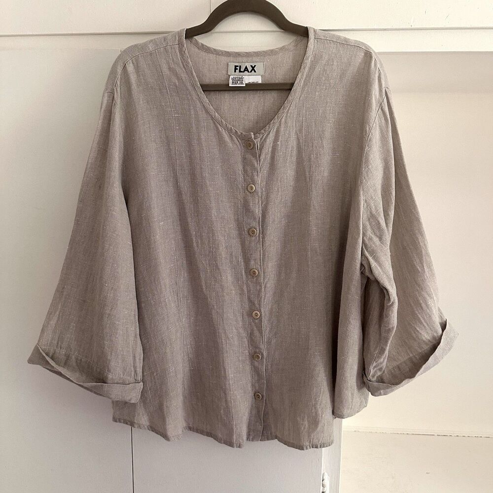 FLAX Linen Button Front Tunic Top Size 1G (XL) 3/4 Sleeves Oversized Lagenlook